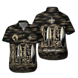 New Orleans Saints Surfboard Beach Theme Black And Gold Hawaiian Shirt