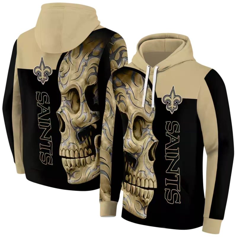 New Orleans Saints Tattoo Skull Motif Gold Black Aop Hoodie 1