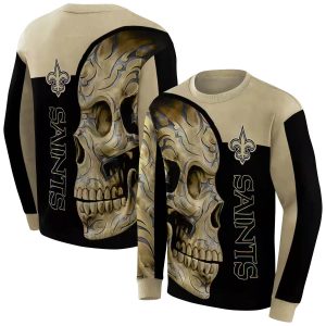 New Orleans Saints Tattoo Skull Motif Gold Black AOP Sweatshirt