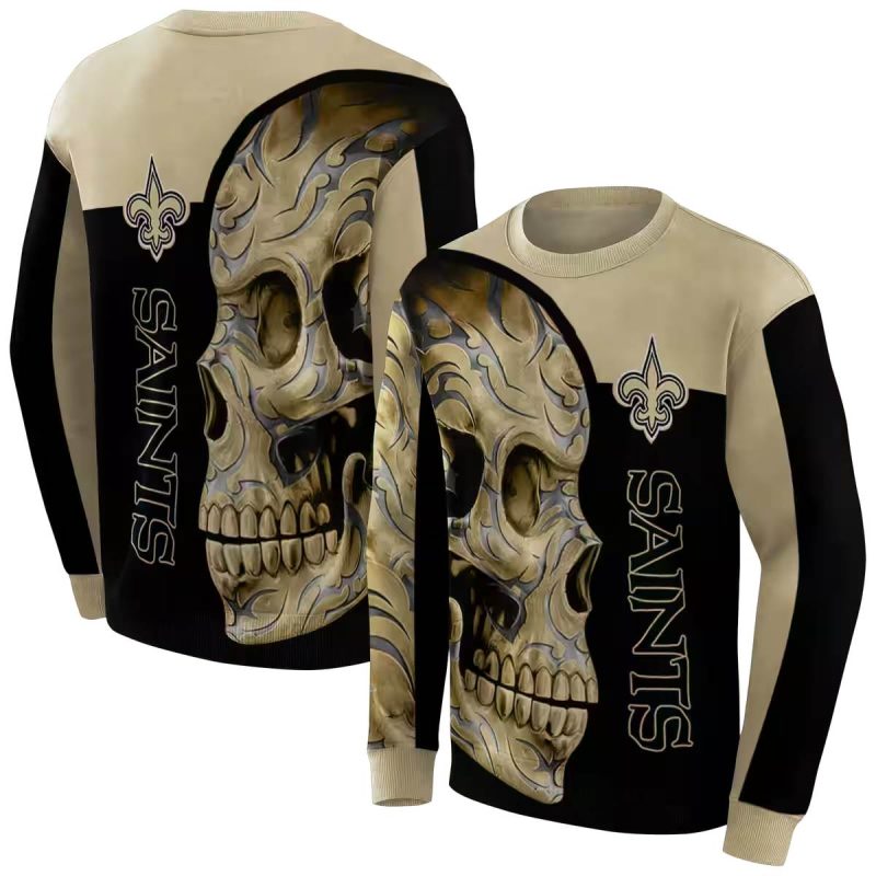 New Orleans Saints Tattoo Skull Motif Gold Black Aop Sweatshirt 1