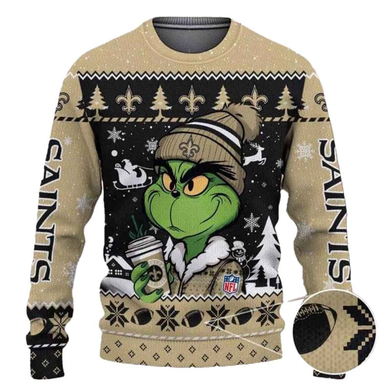 New Orleans Saints The Grinch Drink Coffee Ugly Sweater 1