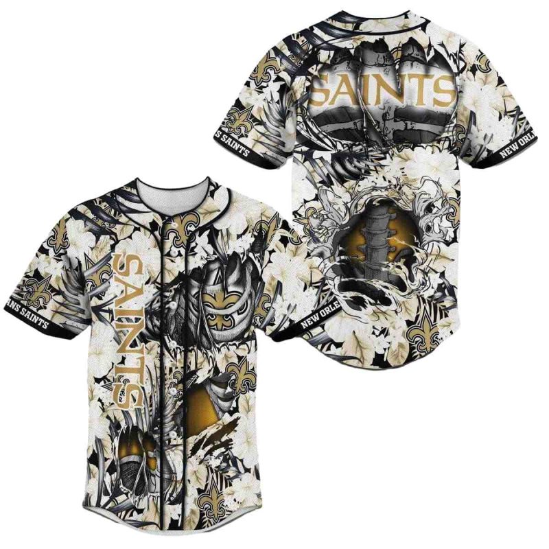 New Orleans Saints Tropical And Skeleton Halloween Baseball Jersey 1