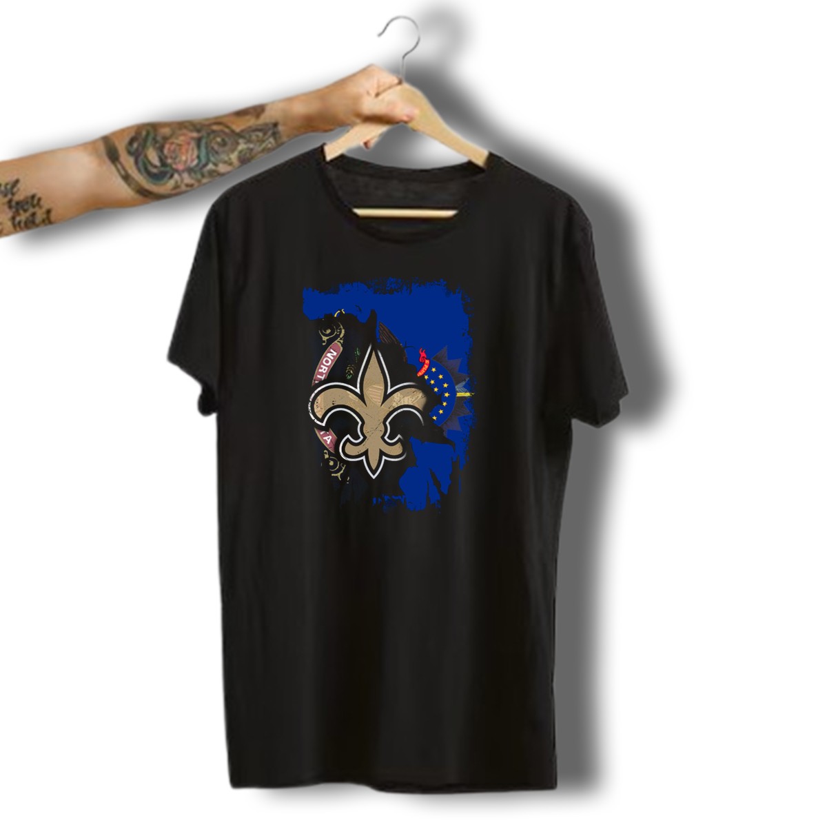 North-Dakota-United-With-Saints-Fleur-De-Lis-And-State-Flag-Elements-T-Shirt-1_t-shirt-3_4