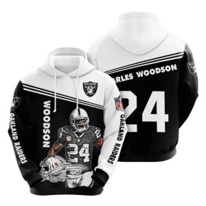 Oakland Raiders Charles Woodson No 24 Black White AOP Hoodie