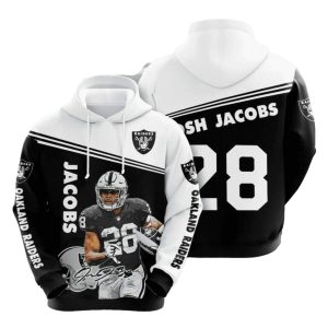 Oakland Raiders Josh Jacobs No 28 Black White AOP Hoodie