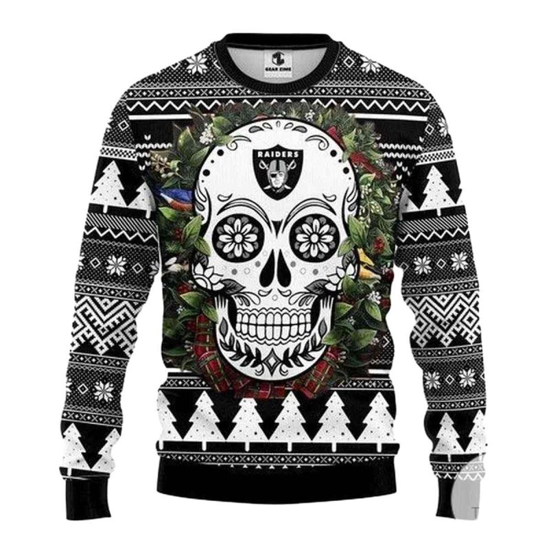 Oakland Raiders Skull Flower Ugly Christmas Sweater 1