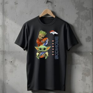 Only Today Groot And Baby Yoda Holding Broncos Football Denver Broncos T-Shirt