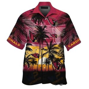 Palm Shadows Sunset Cardinals Scenic Tropical Hawaiian Shirt