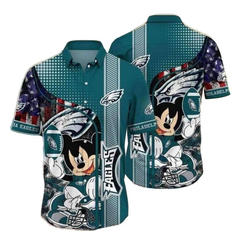 Patriotic Touchdown Teal Eagles Mickey Mouse Hawaiian Aloha Shirt 1