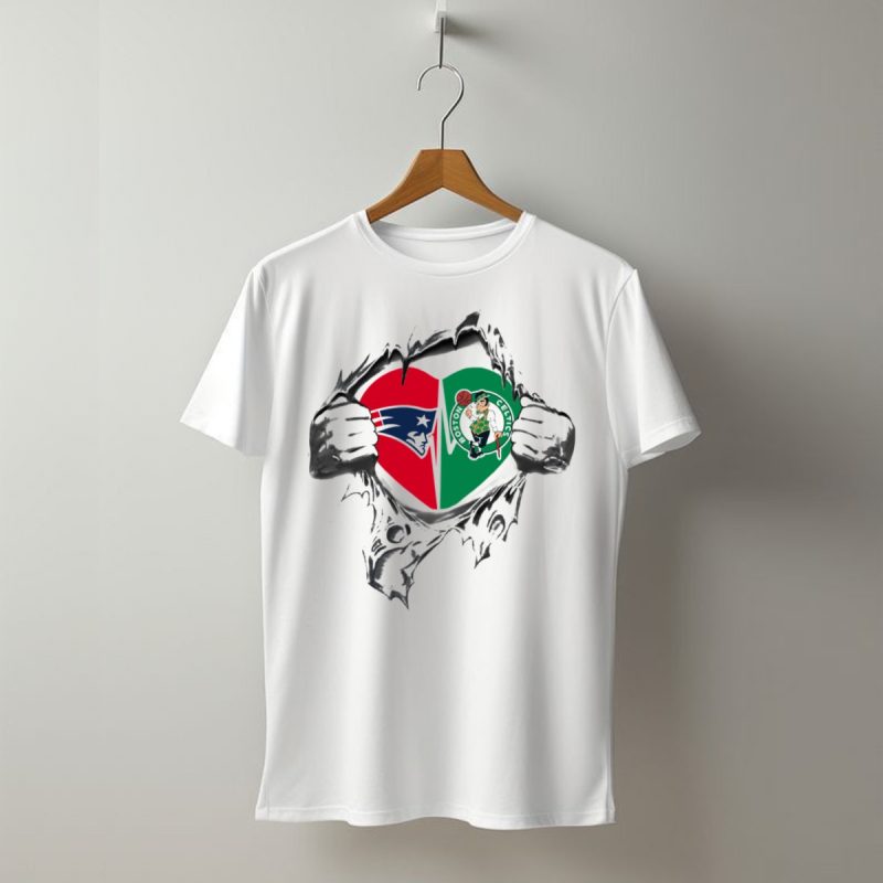 Patriots And Celtics Heart Symbol Pulled Open By Hands T Shirt T Shirt 1