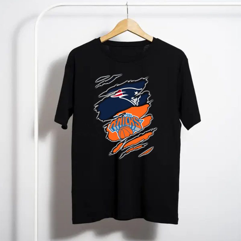 Patriots Emblem Overlaid With New York Knicks Basketball Motif T Shirt T Shirt 1