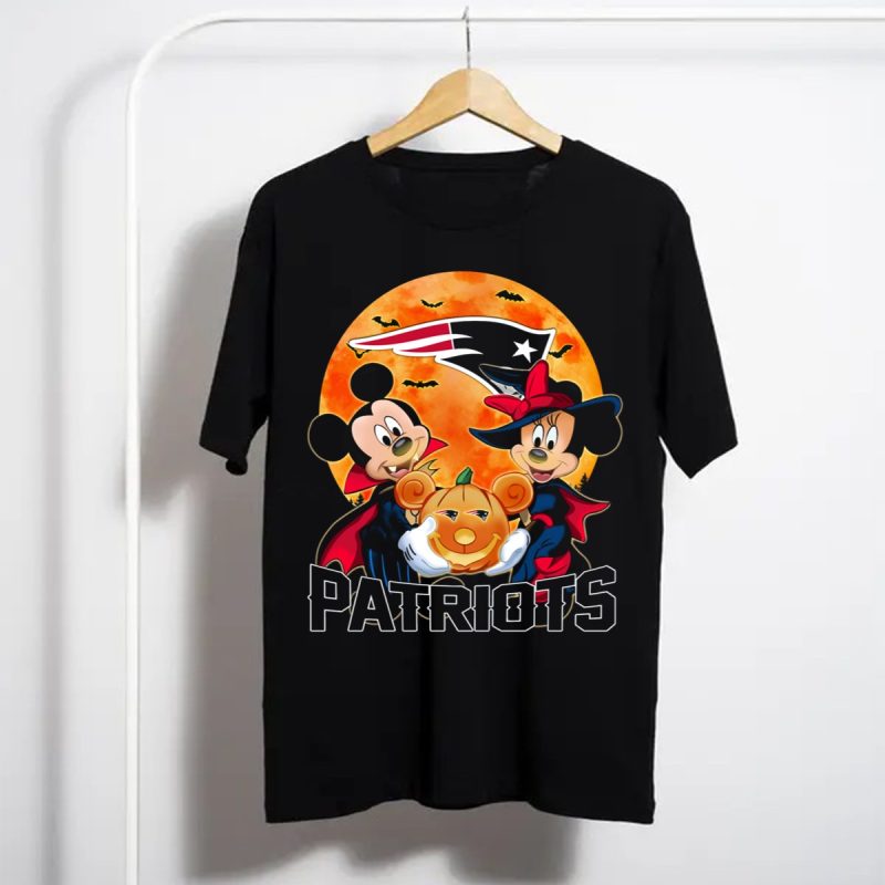 Patriots Halloween Mickey Mouse And Minnie Mouse With Pumpkin And New England Football T Shirt T Shirt 1