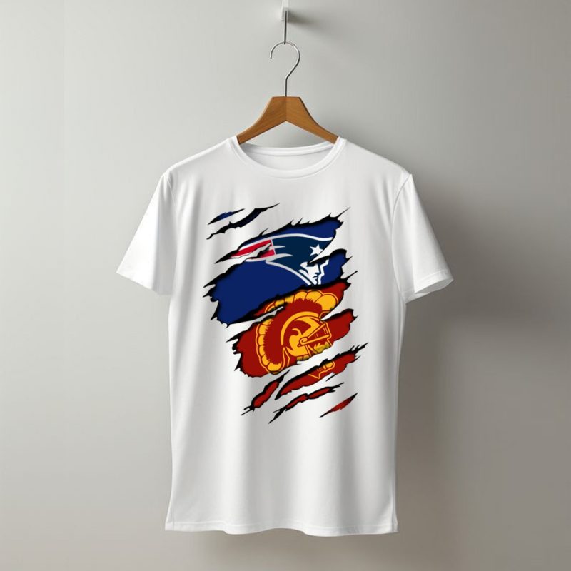Patriots Trojans Ripped Dual Logo Fusion T Shirt T Shirt 1