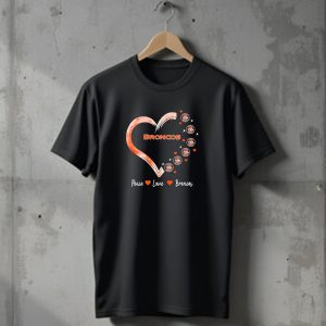 Peace Love Broncos Heart With Denver Broncos Logos And Stars T-Shirt