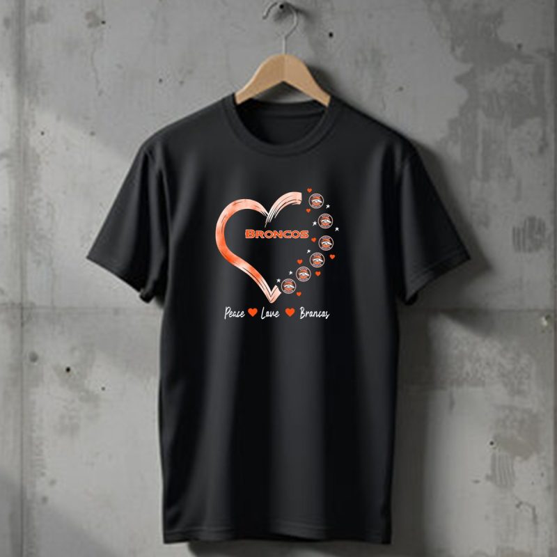 Peace Love Broncos Heart With Denver Broncos Logos And Stars T Shirt 1 T Shirt 1