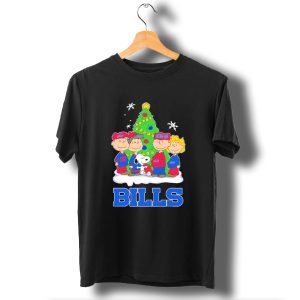 Peanuts Characters With Buffalo Bills Christmas Tree And Snowflakes T-Shirt
