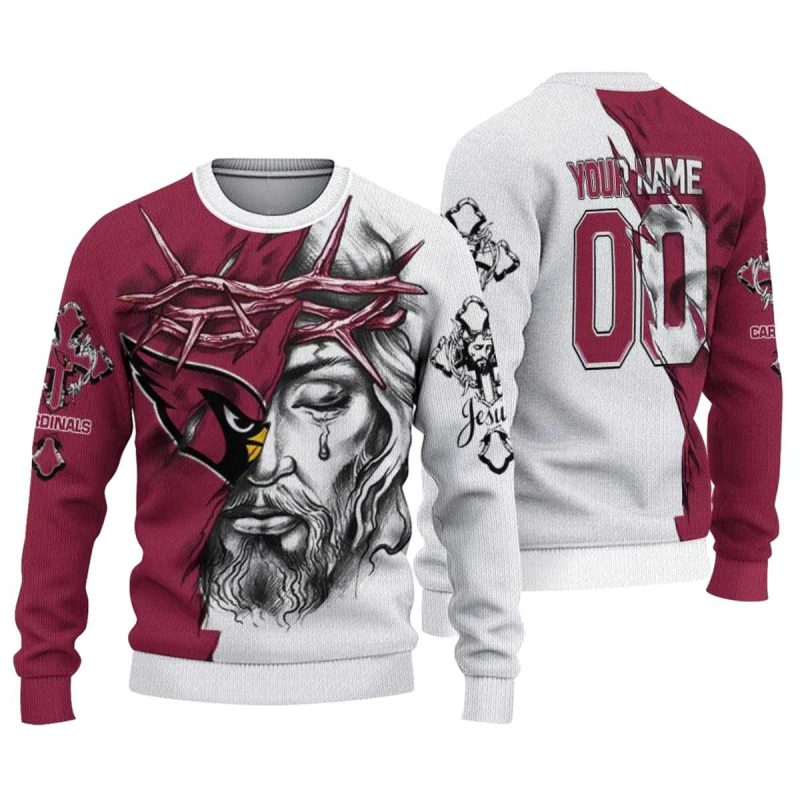 Personalized Arizona Cardinals Jesus Tears Red White Aop Sweatshirt 1