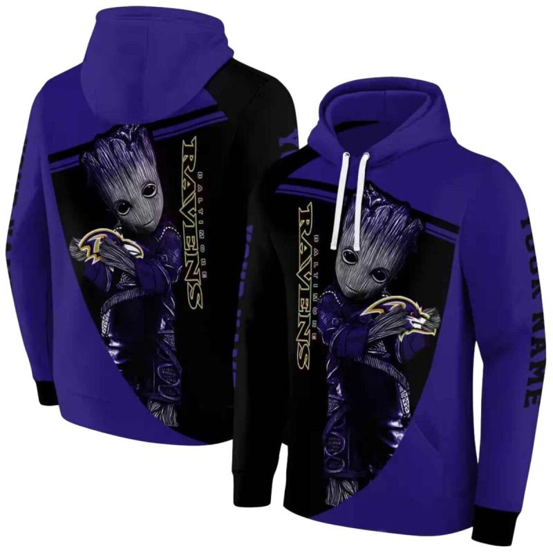 Personalized Baltimore Ravens Baby Groot Hug Logo Purple Black Aop Hoodie 1