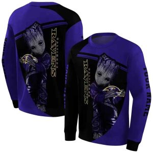 Personalized Baltimore Ravens Baby Groot Hug Logo Purple Black AOP Sweatshirt