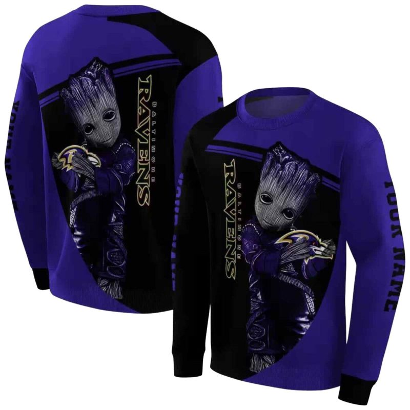 Personalized Baltimore Ravens Baby Groot Hug Logo Purple Black Aop Sweatshirt 1