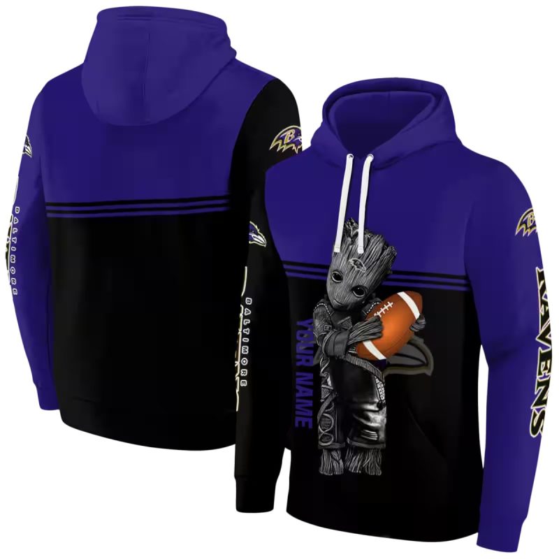 Personalized Baltimore Ravens Baby Groot Purple Black Aop Hoodie 1