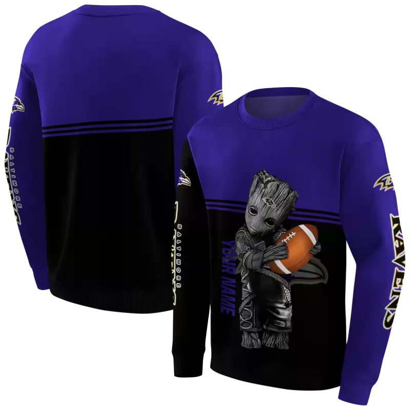 Personalized Baltimore Ravens Baby Groot Purple Black Aop Sweatshirt 1