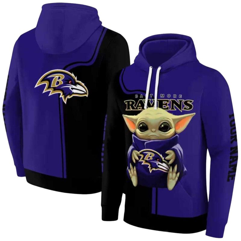 Personalized Baltimore Ravens Baby Yoda Purple Black Aop Hoodie 1