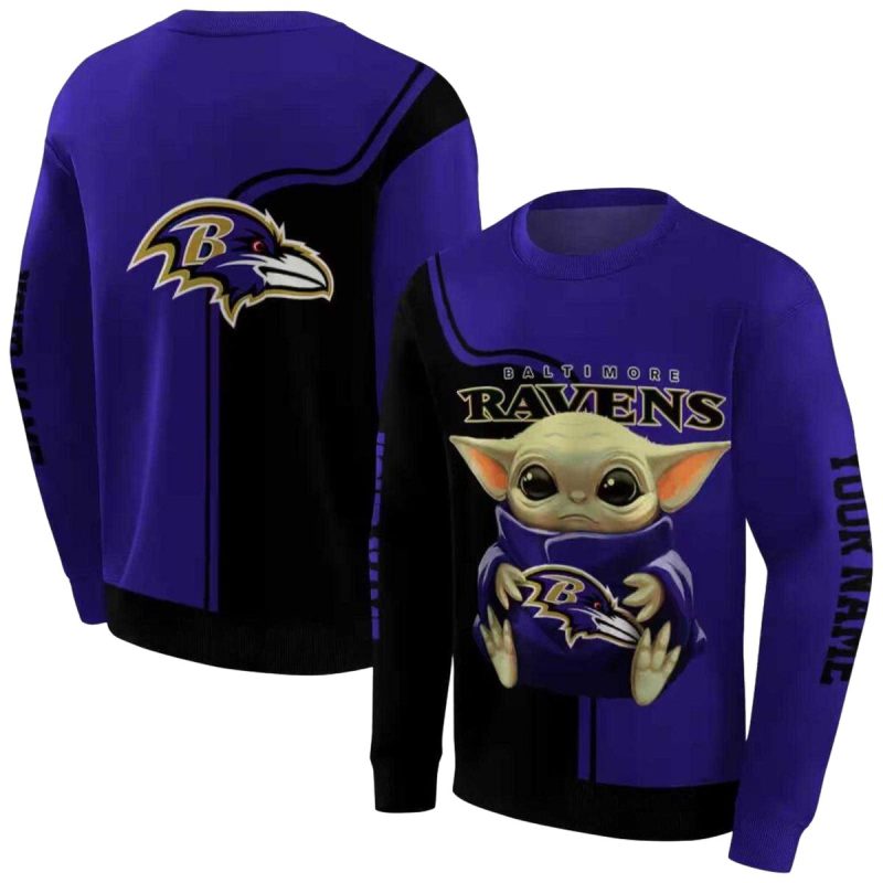 Personalized Baltimore Ravens Baby Yoda Purple Black Aop Sweatshirt 1