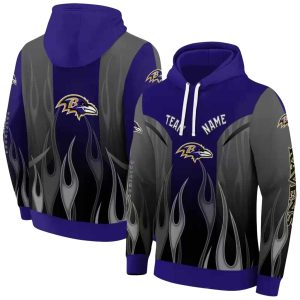 Personalized Baltimore Ravens Flame Design Purple AOP Hoodie