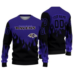 Personalized Baltimore Ravens Flame Outline Purple Black AOP Sweatshirt
