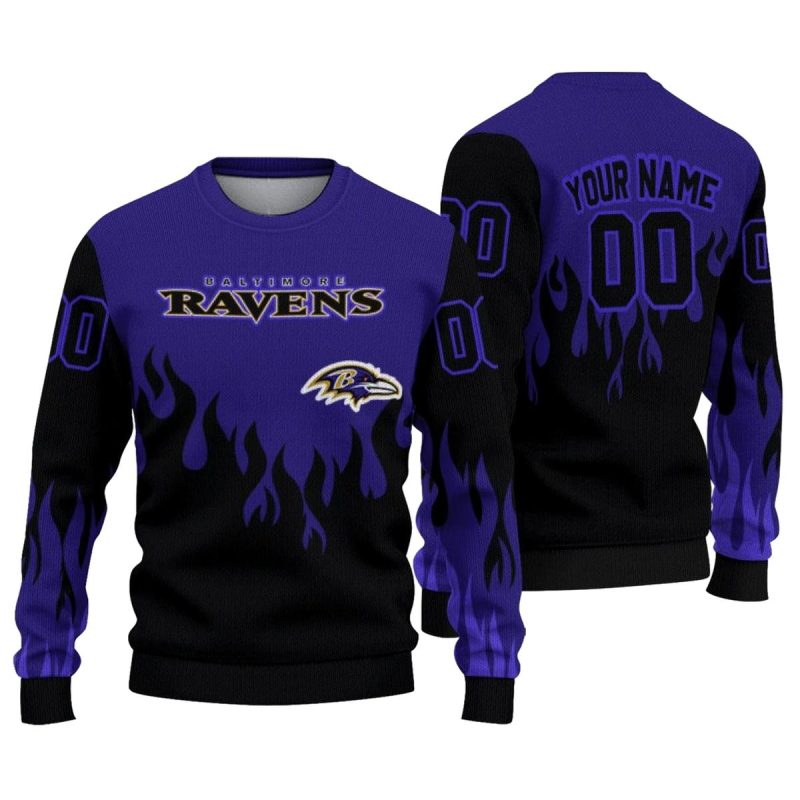 Personalized Baltimore Ravens Flame Outline Purple Black Aop Sweatshirt 1