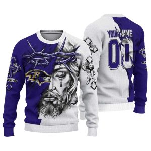 Personalized Baltimore Ravens Jesus Tears Purple White AOP Sweatshirt
