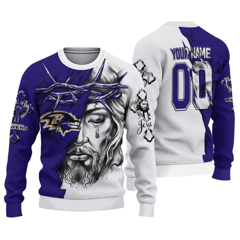 Personalized Baltimore Ravens Jesus Tears Purple White Aop Sweatshirt 1