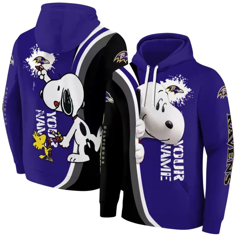 Personalized Baltimore Ravens Peeking Snoopy Purple Black Aop Hoodie 1
