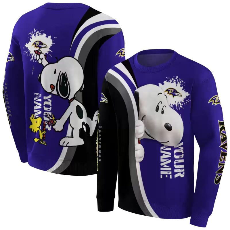 Personalized Baltimore Ravens Peeking Snoopy Purple Black Aop Sweatshirt 1
