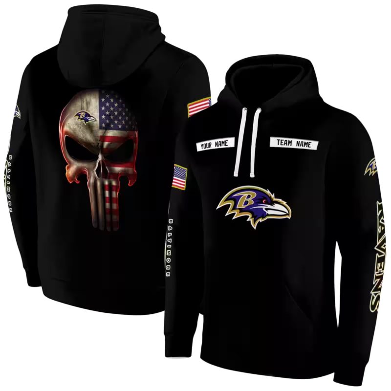 Personalized Baltimore Ravens Us Flag Punisher Skull Black Aop Hoodie 1