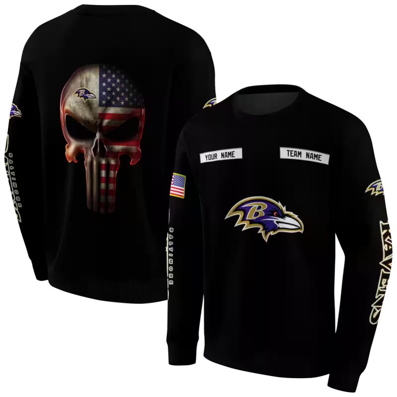 Personalized Baltimore Ravens Us Flag Punisher Skull Black Aop Sweatshirt 1