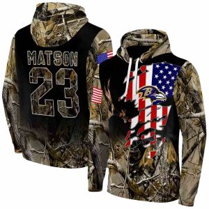 Personalized Baltimore Ravens US Flag Tree Camo AOP Hoodie