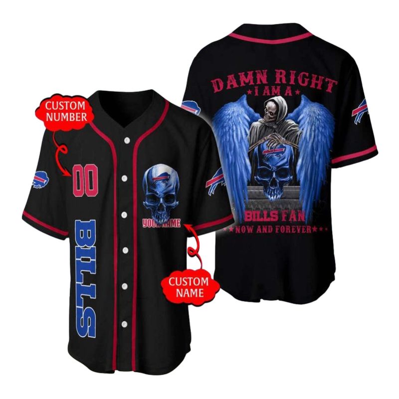 Personalized Buffalo Bills Damn Right Skull Angel Baseball Jersey 1