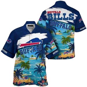 Personalized Buffalo Bills Logo And Blue Tropical Island With Palms Hawaiian Shirt