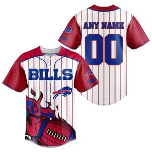 Personalized Buffalo Bills Logo And Flame Ball White Baseball Jersey