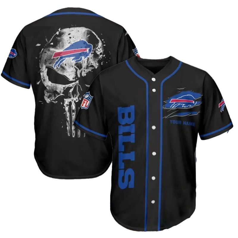 Personalized Buffalo Bills Logo And Iron Skull Black Baseball Jersey 1