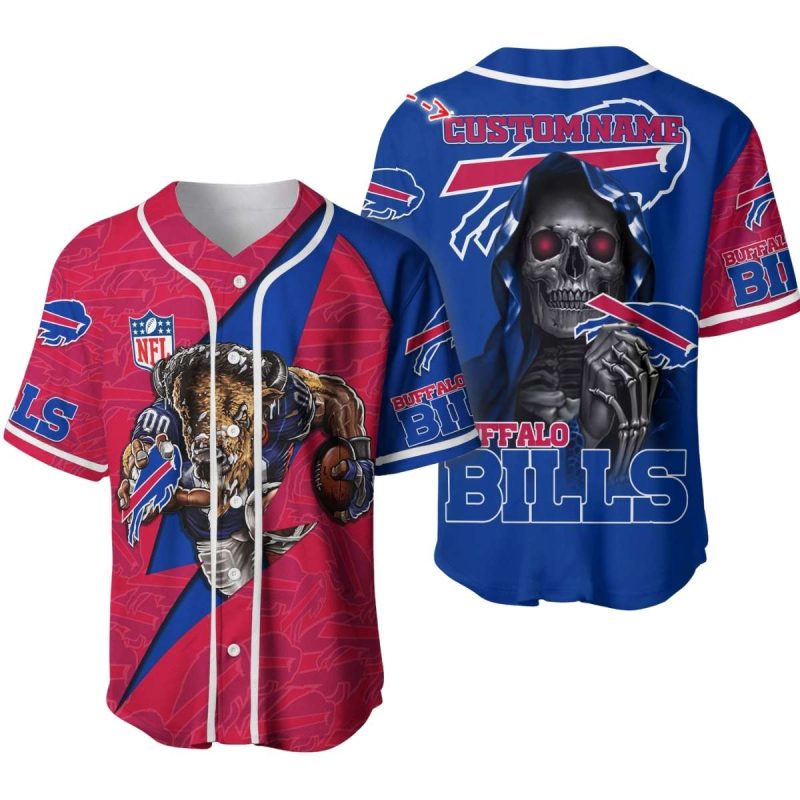 Personalized Buffalo Bills Mascot And Dead Skull Baseball Jersey 1