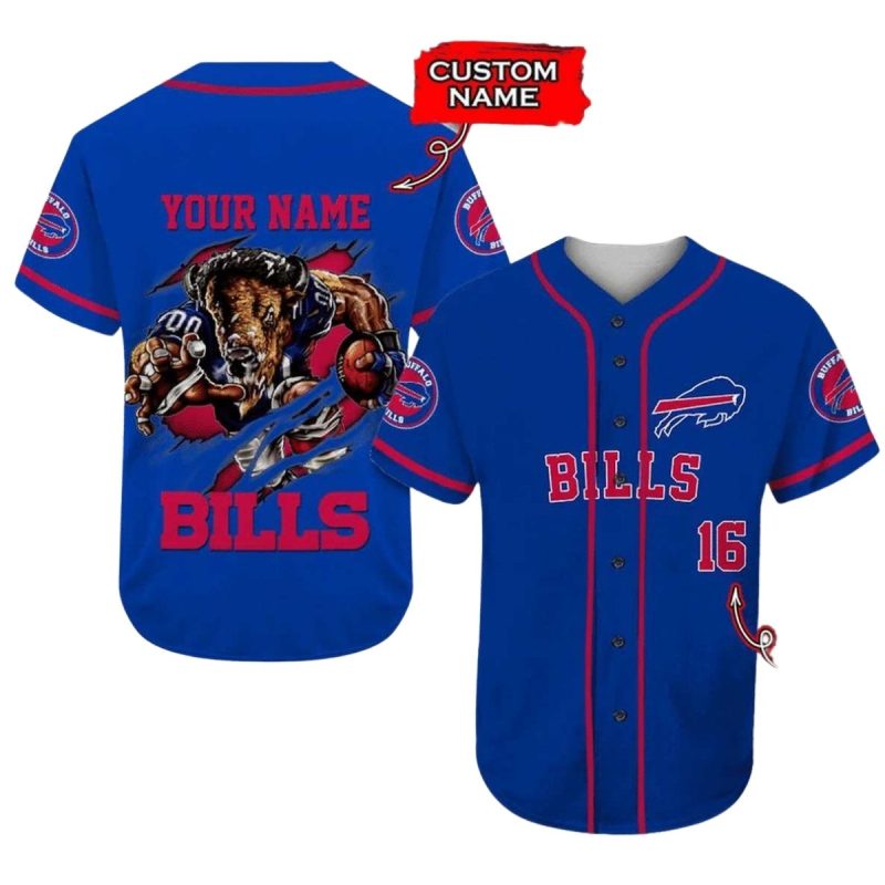 Personalized Buffalo Bills Mascot Blue Pattern Baseball Jersey 1