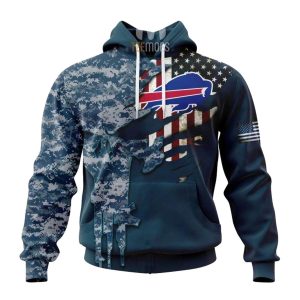 Personalized Buffalo Bills Navy Skull Camo Veteran AOP Hoodie