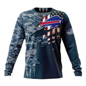 Personalized Buffalo Bills Navy Skull Camo Veteran AOP Sweatshirt