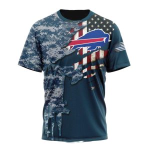 Personalized Buffalo Bills Navy Skull Camo Veteran AOP T-Shirt