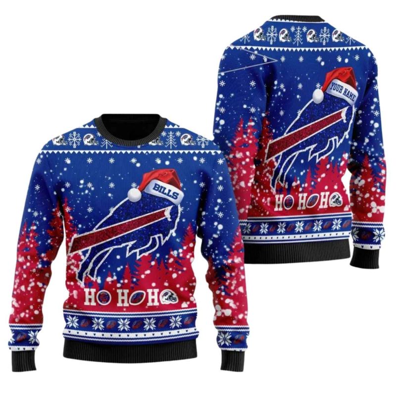 Personalized Buffalo Bills Santa Hat Christmas Ho Ho Ho Ugly Sweater 1