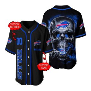 Personalized Buffalo Bills Smoke Skull Black Baseball Jersey