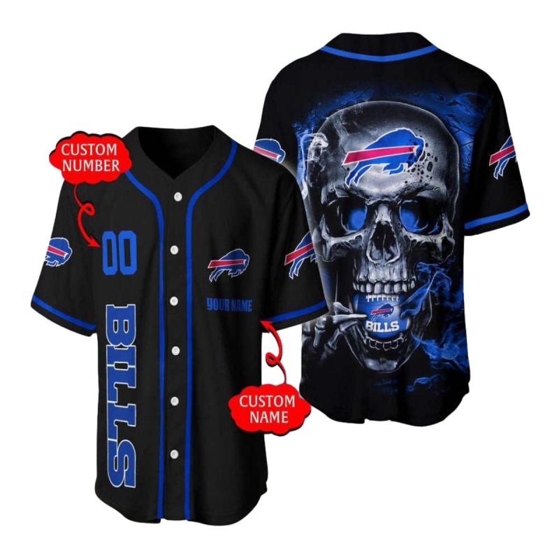 Personalized Buffalo Bills Smoke Skull Black Baseball Jersey 1
